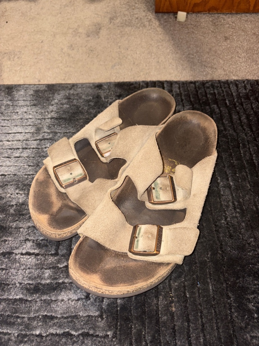 Birkenstock Two-Buckle Suede Sandals in Beige